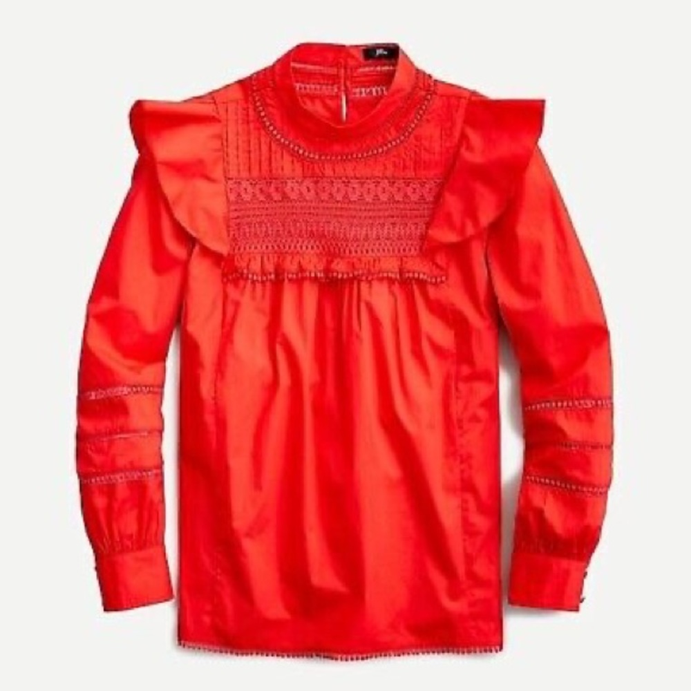 J. Crew Crocheted Lace Ruffle Red Long Sleeve Top